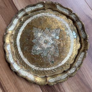 Vintage antique Florentine circle wood tray gold gilded Italian